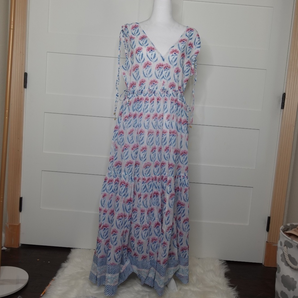 Oliphant Dress Cinched V-neck Maxi Poppy Blue Summer lightweight cotton Large